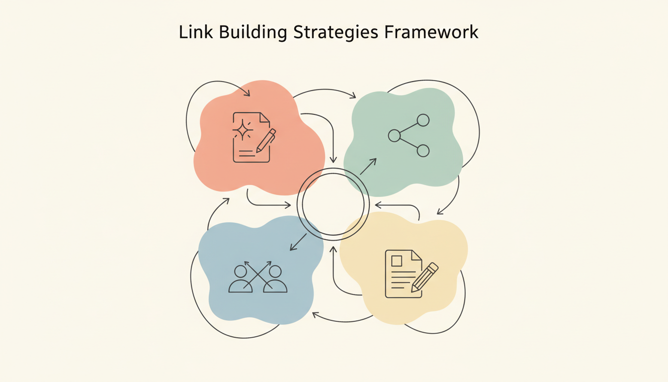 Four proven link building strategies framework showing content creation, social media, influencer relationships, and guest posting