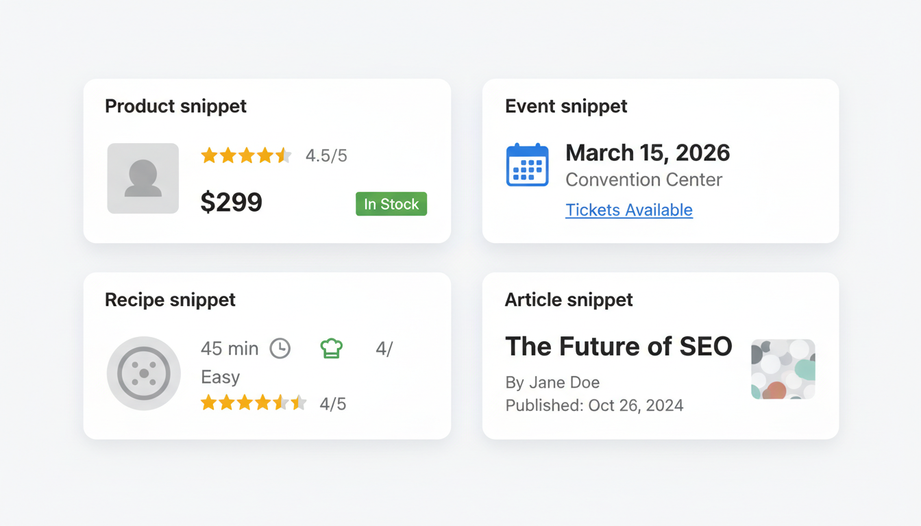 Different types of rich snippets including products, events, recipes, and articles
