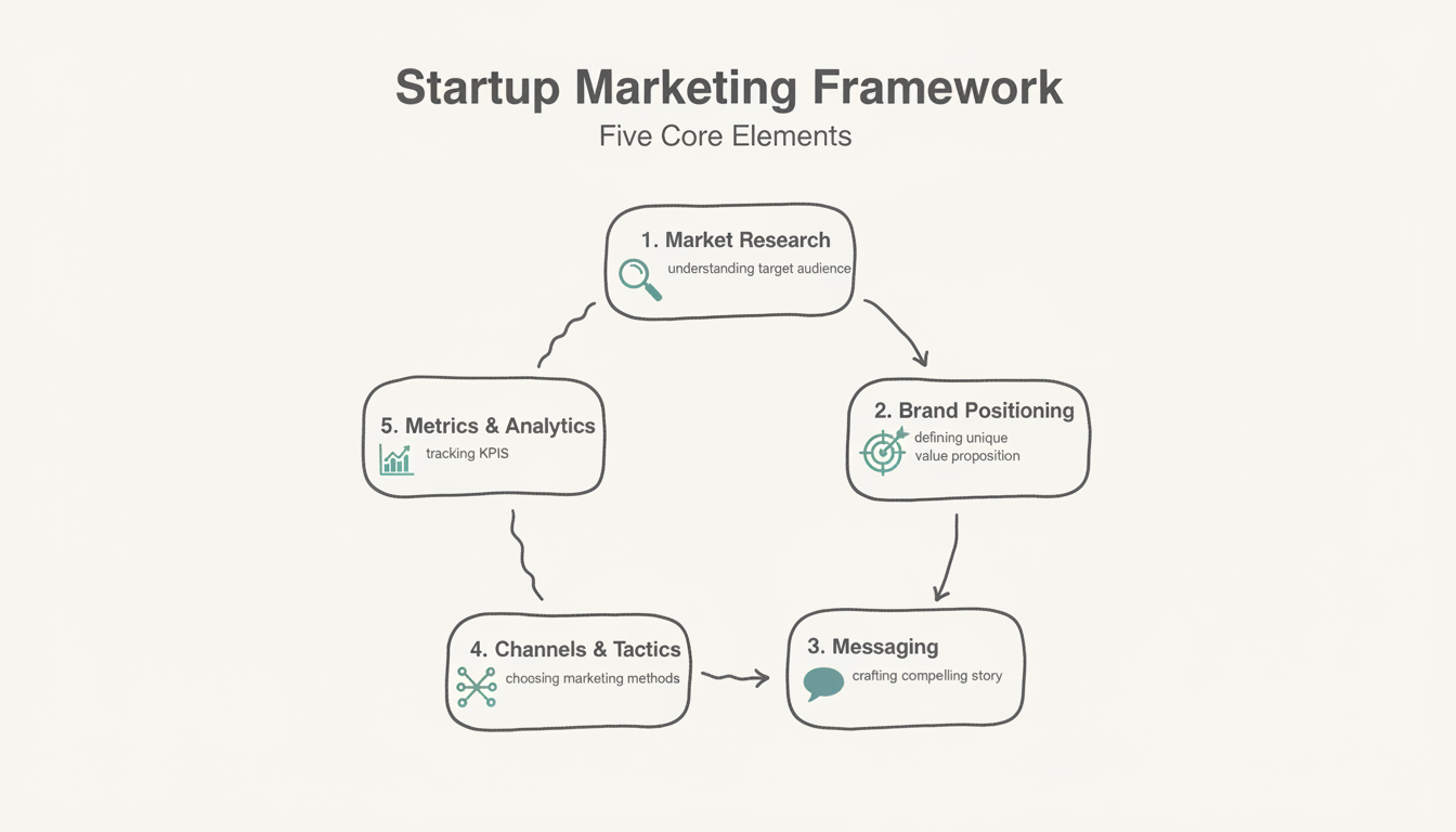 The five core elements of startup marketing: Market Research, Brand Positioning, Messaging and Communication, Channels and Tactics, and Metrics and Analytics