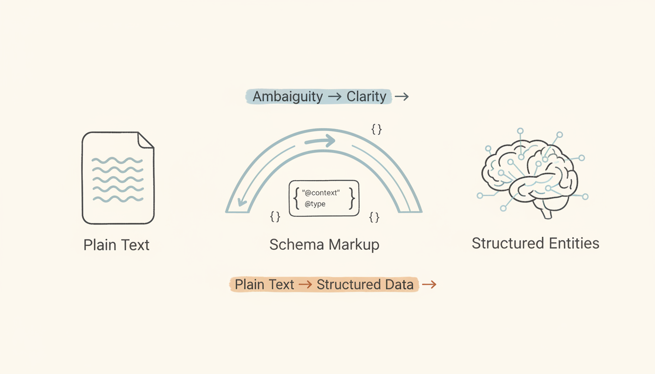 Schema markup acts as a translation layer between unstructured content and AI systems
