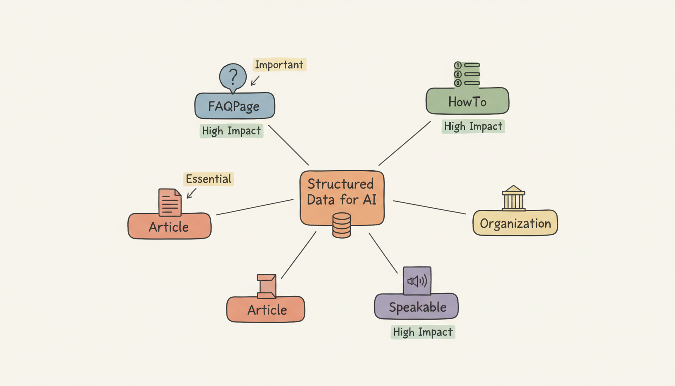 Framework of priority schema types for AI visibility including FAQPage, HowTo, Article, Organization, and Speakable