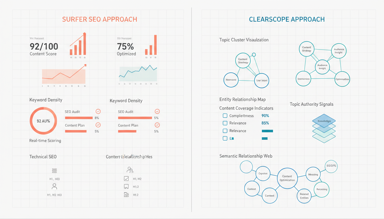 Surfer SEO vs Clearscope: Data-driven optimization versus topic authority approach comparison