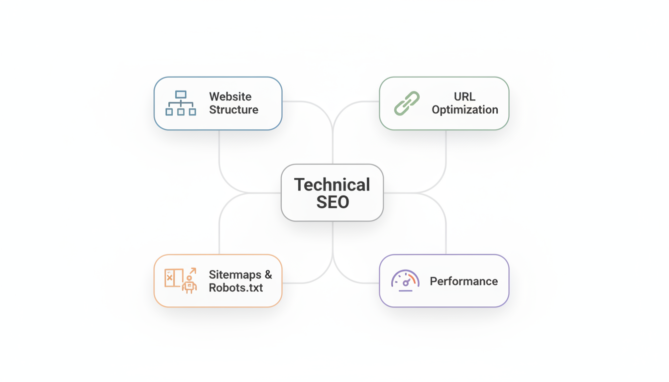 Technical SEO Framework for Startups - Visual diagram showing the four pillars of technical SEO: Website Structure, URL Optimization, Sitemaps & Robots.txt, and Performance
