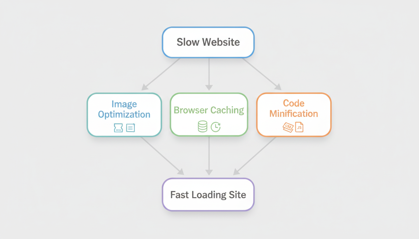 Page Speed Optimization Workflow - Flowchart showing the three optimization paths: Image Optimization, Browser Caching, and Code Minification leading to faster website loading