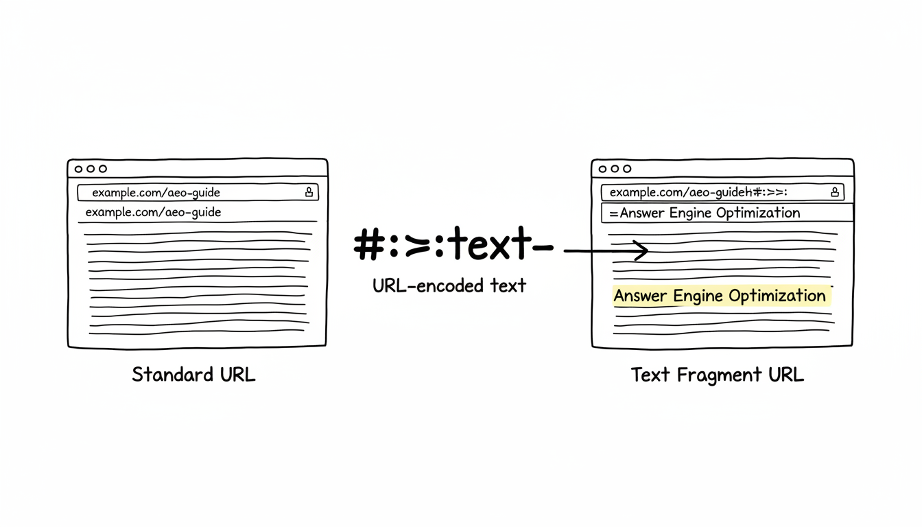 Text fragment identifier concept showing URL structure with highlighted text passage