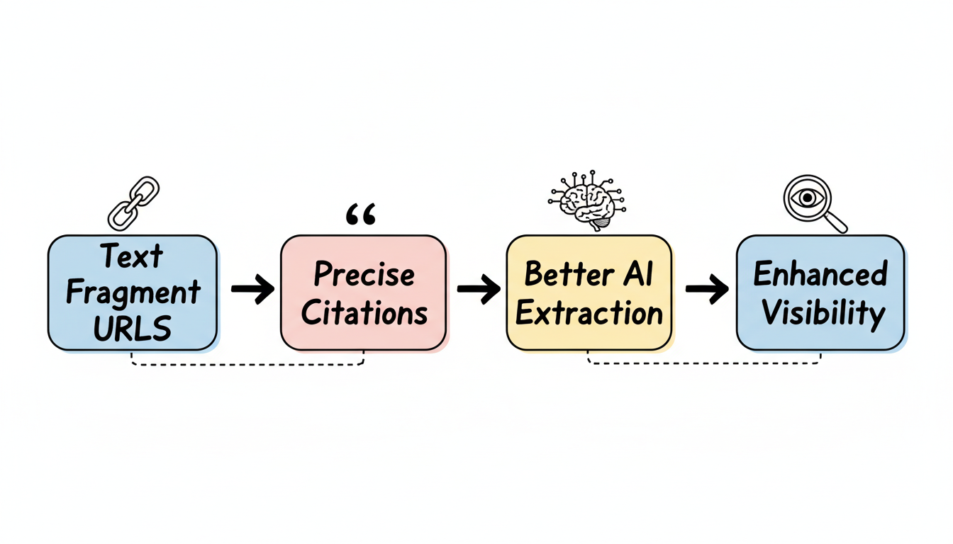 AEO benefits flow showing how text fragments enable precise citations, better AI extraction, and enhanced visibility