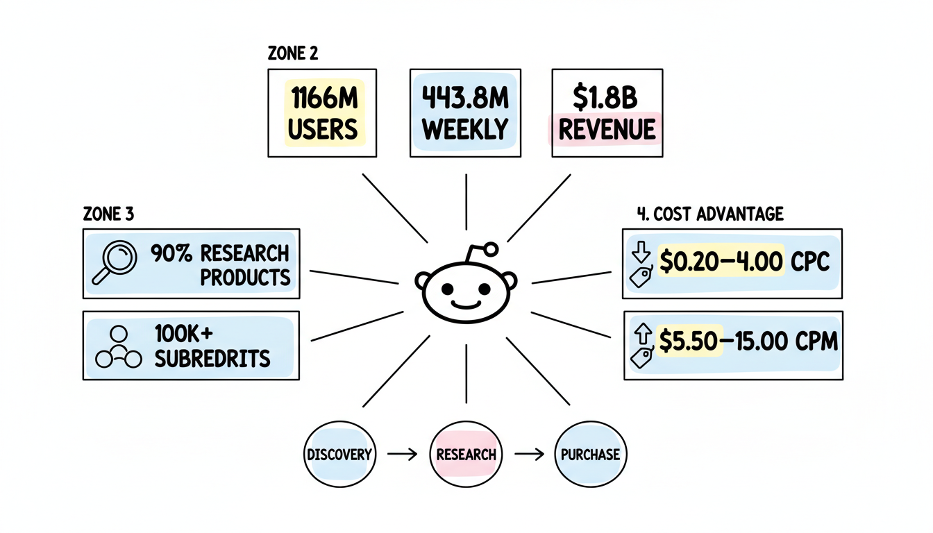 Reddit Advertising Ecosystem Overview showing key metrics: 116M daily users, 443.8M weekly users, $1.8B revenue, 90% research products, and cost ranges