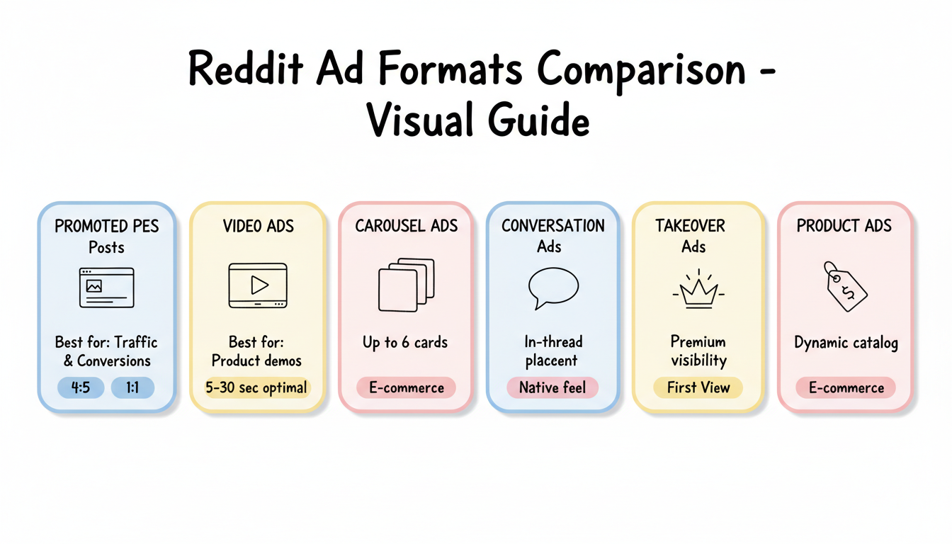 Reddit Ad Formats Comparison showing six types: Promoted Posts, Video Ads, Carousel Ads, Conversation Ads, Takeover Ads, and Product Ads with their specifications