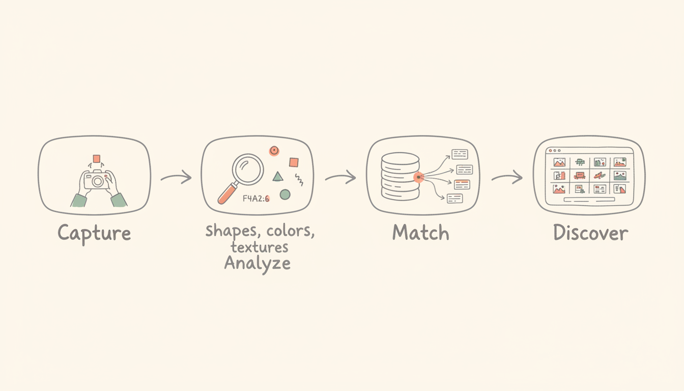 Visual Search Process Flowchart showing the 4-step process from user capture through AI analysis, database matching, to results delivery