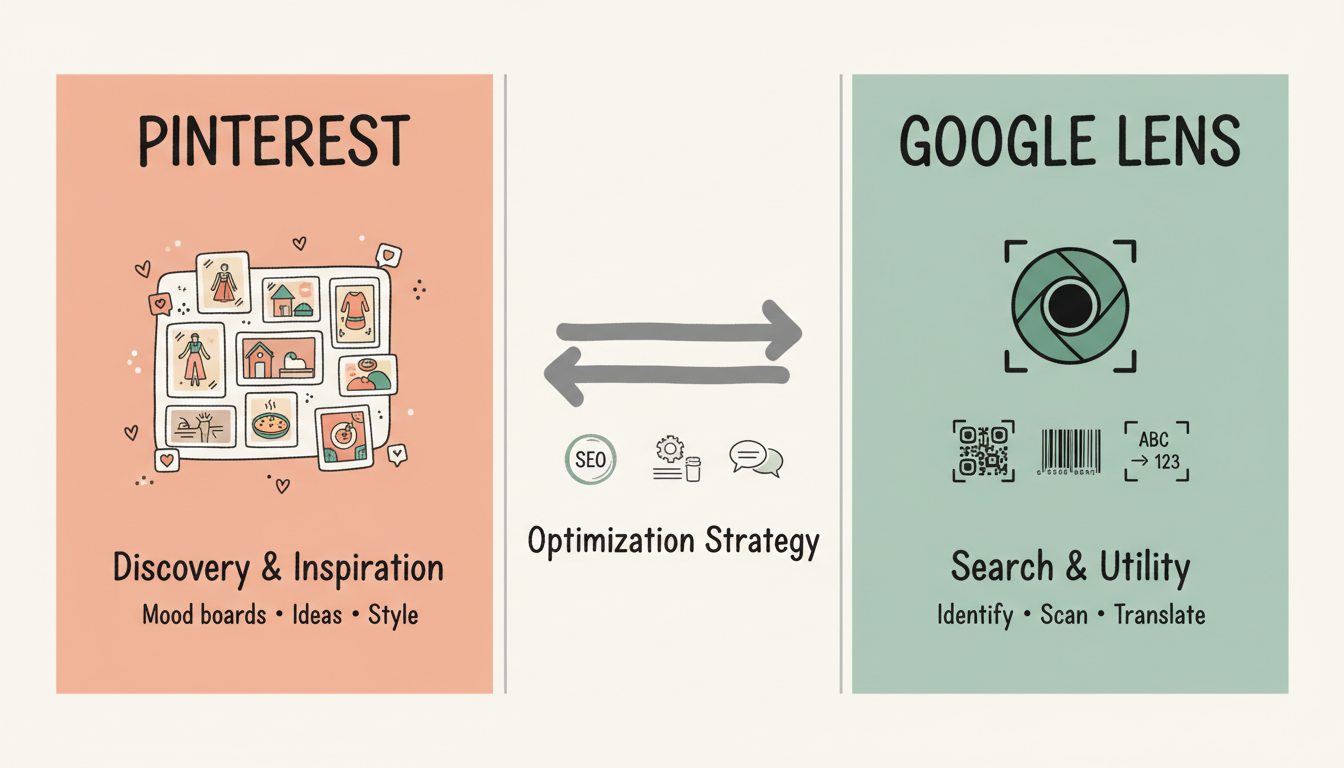 Visual Search Platforms comparison showing Pinterest for discovery and inspiration versus Google Lens for search and utility, with optimization strategy in the center