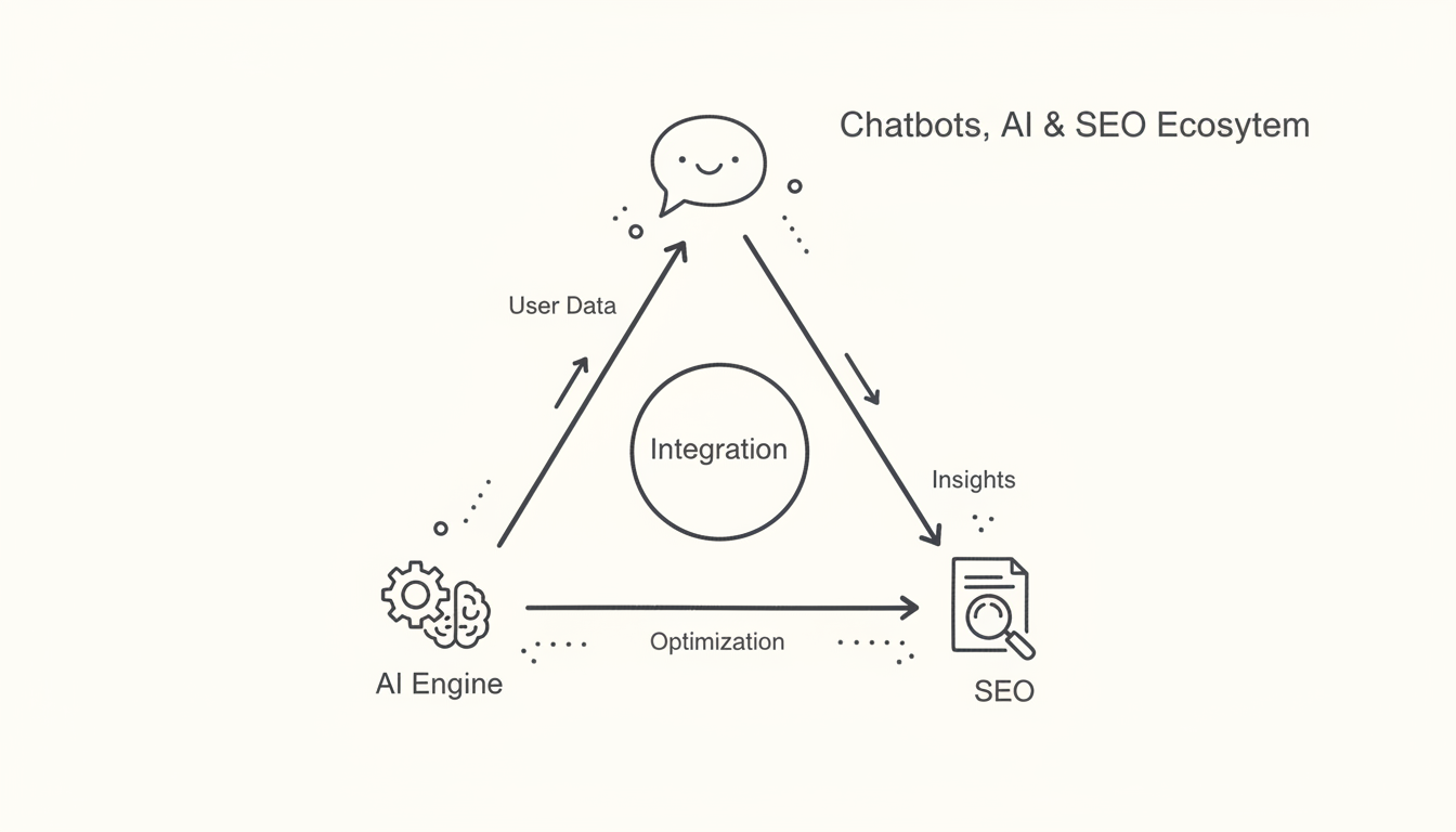 Chatbots, AI & SEO Ecosystem - Conceptual framework showing the integration of chatbots, AI engine, and SEO optimization