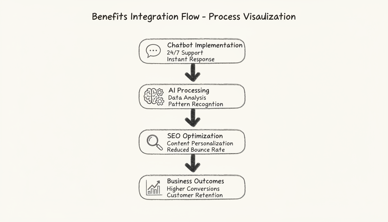 Benefits Integration Flow - Process flow showing chatbot implementation, AI processing, SEO optimization, and business outcomes