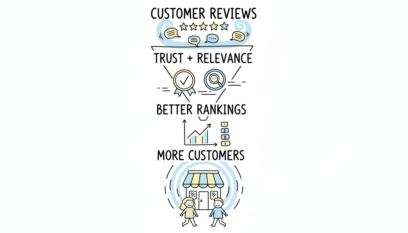 Review Impact Funnel showing how customer reviews flow into search engine trust signals, higher local rankings, increased visibility, and ultimately more customers