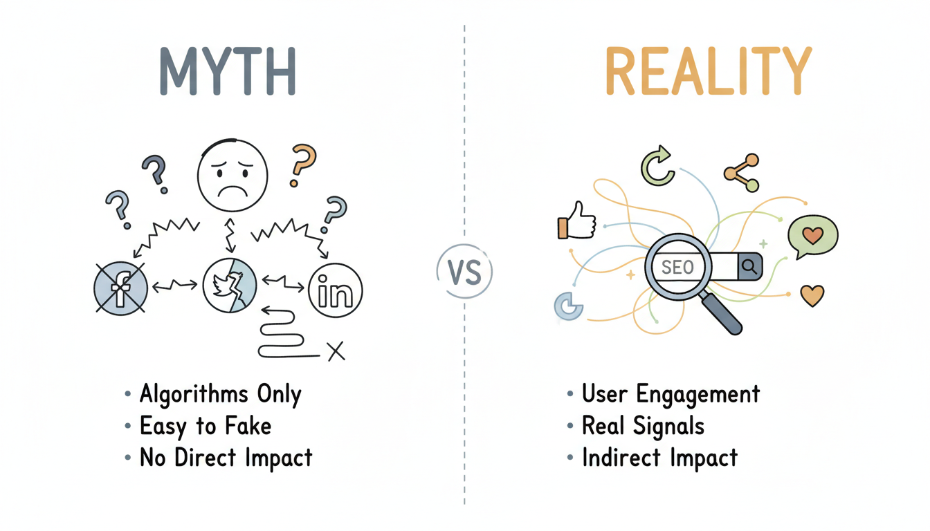 Myth vs Reality: Two perspectives on social signals in SEO - skeptical view questioning their impact versus the view recognizing their value in search rankings