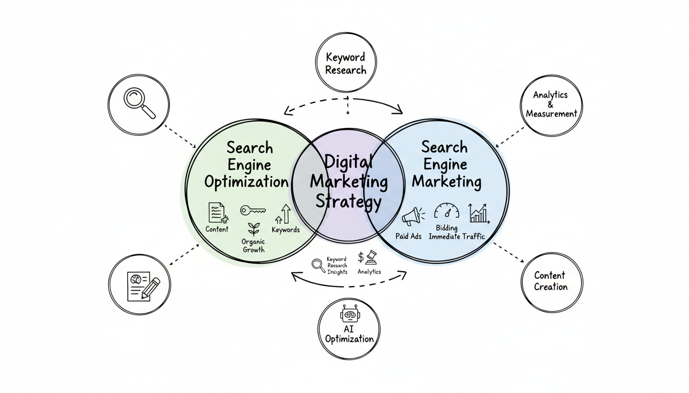 SEO and SEM Integration Framework - Diagram showing how organic and paid search strategies work together in a unified digital marketing approach