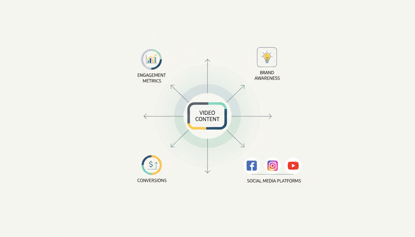 Video content ecosystem showing connections between video marketing, engagement metrics, brand awareness, and social media platforms
