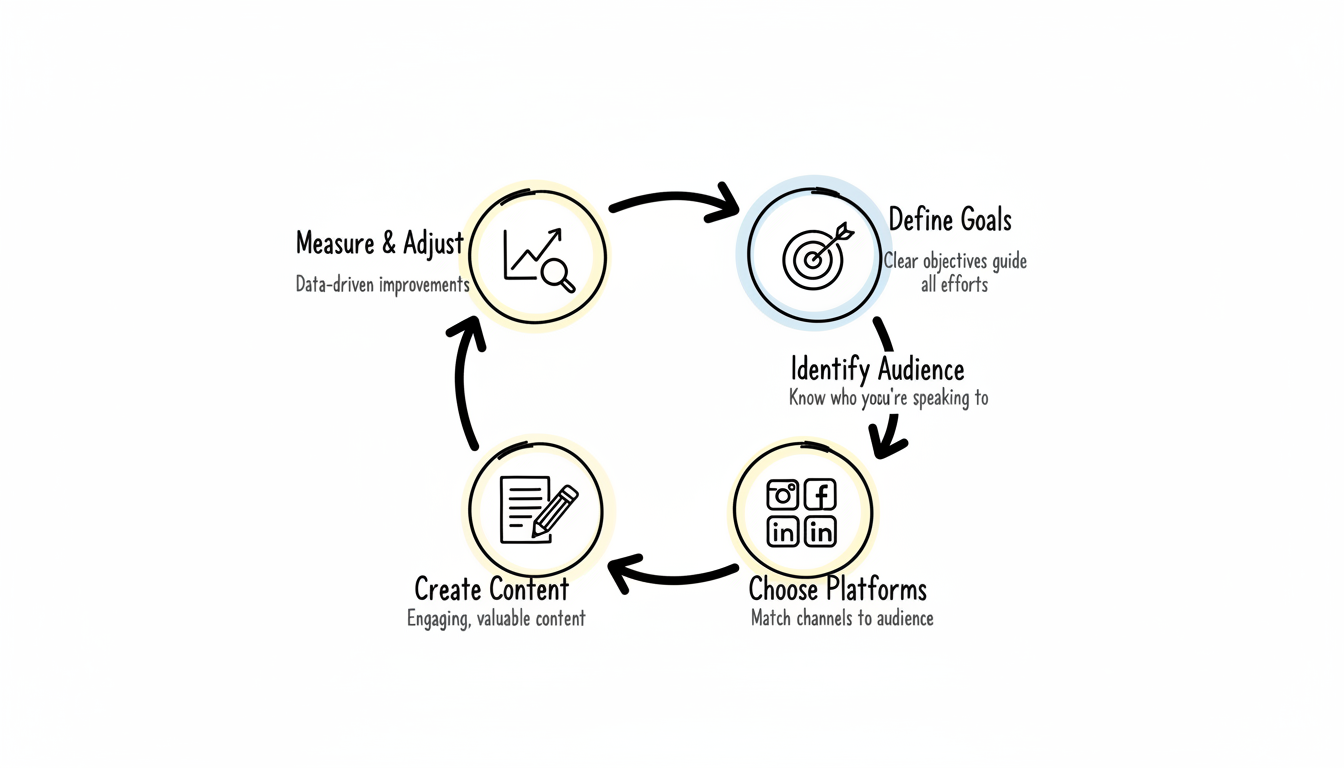 Social media marketing strategy cycle showing the iterative process of defining goals, identifying audience, choosing platforms, creating content, and measuring results