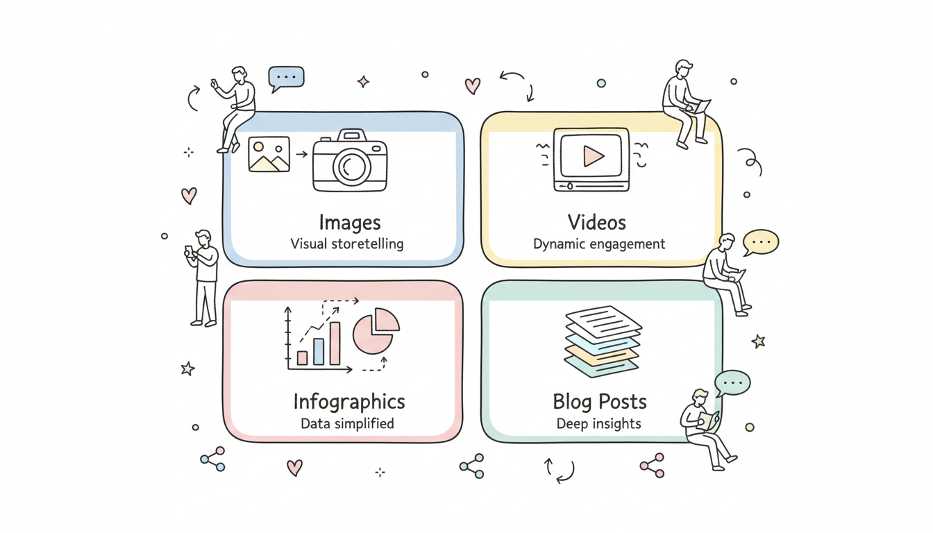 Visual guide to social media content types including images, videos, infographics, and blog posts with engagement icons