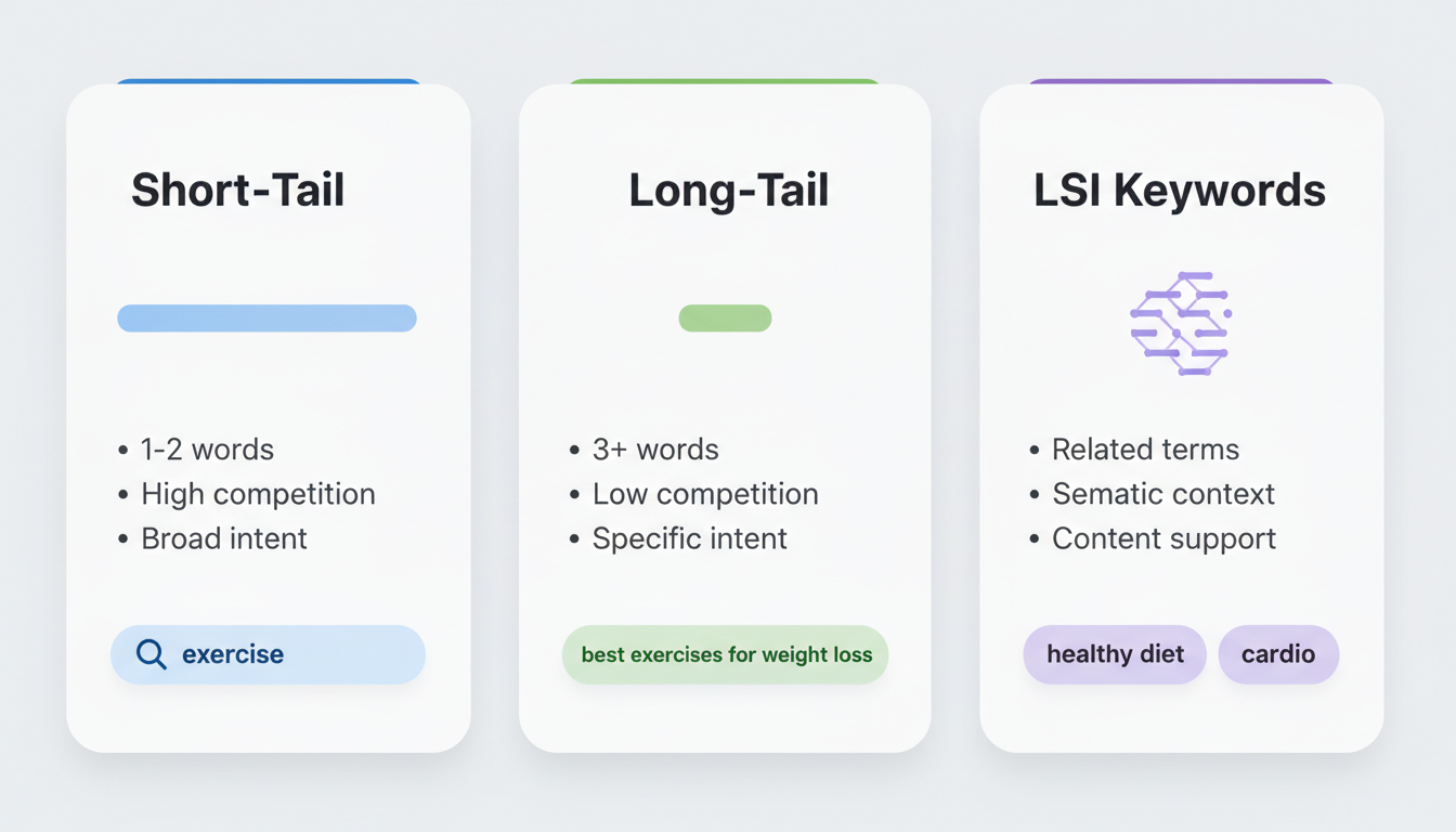 Keyword Types Framework - A visual comparison of Short-Tail, Long-Tail, and LSI keywords showing their characteristics, search volume, competition levels, and strategic use cases