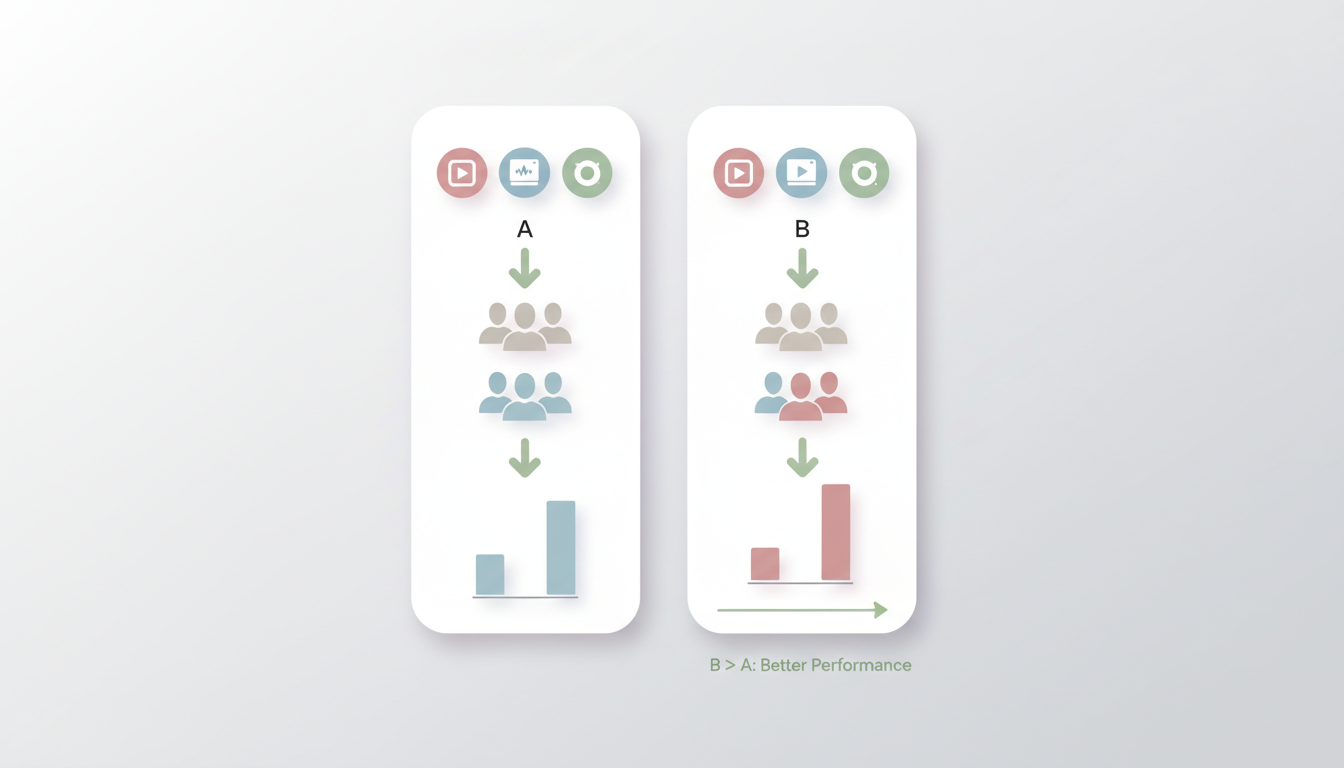A/B Testing Split Test Concept - Visual diagram showing how TikTok split testing divides audiences into groups A and B to compare ad performance