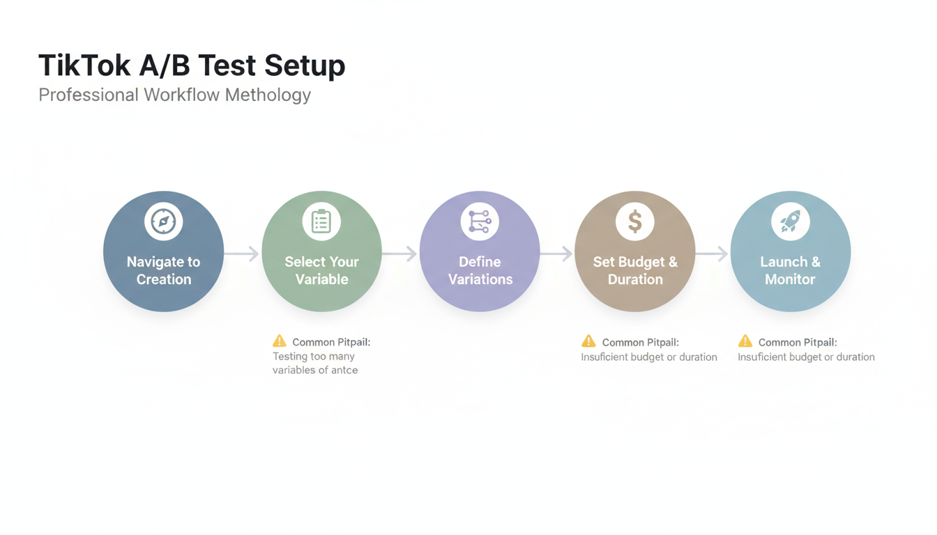 Test Setup Workflow - 5-step process diagram for setting up TikTok A/B split tests correctly