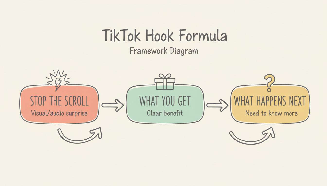 TikTok Hook Formula: Pattern Interrupt + Value Promise + Curiosity Gap framework diagram