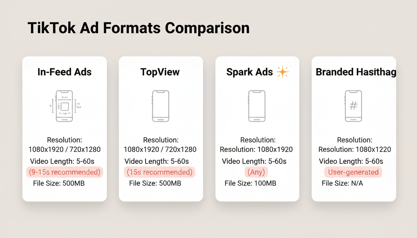 TikTok Ad Formats Comparison showing specs for In-Feed, TopView, Spark Ads, and Branded Hashtag Challenge