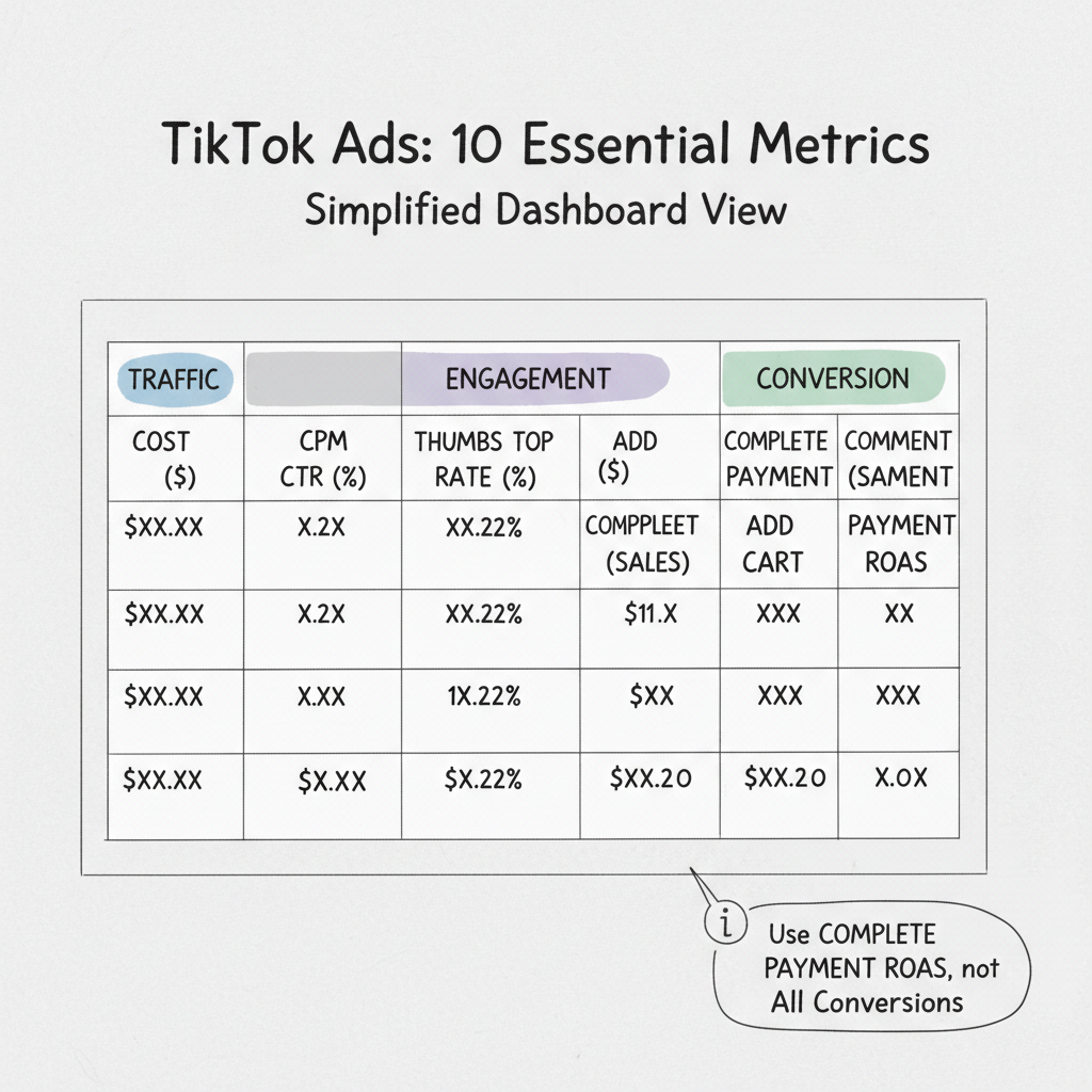 Essential TikTok Ads Dashboard showing the 10 recommended columns organized by traffic, engagement, and conversion metrics