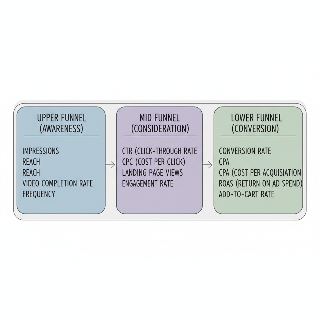 TikTok Ads Metrics Funnel showing the three-tier structure from awareness (impressions, reach) through consideration (CTR, CPC) to conversion (ROAS, CPA)