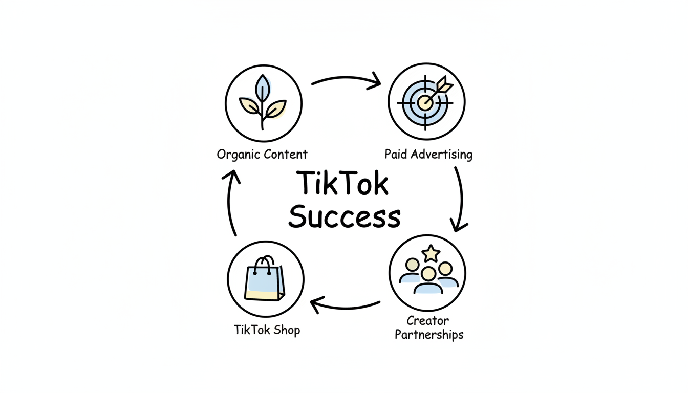 The Four Pillars of TikTok Success: Organic Content, Paid Advertising, Creator Partnerships, and TikTok Shop working together