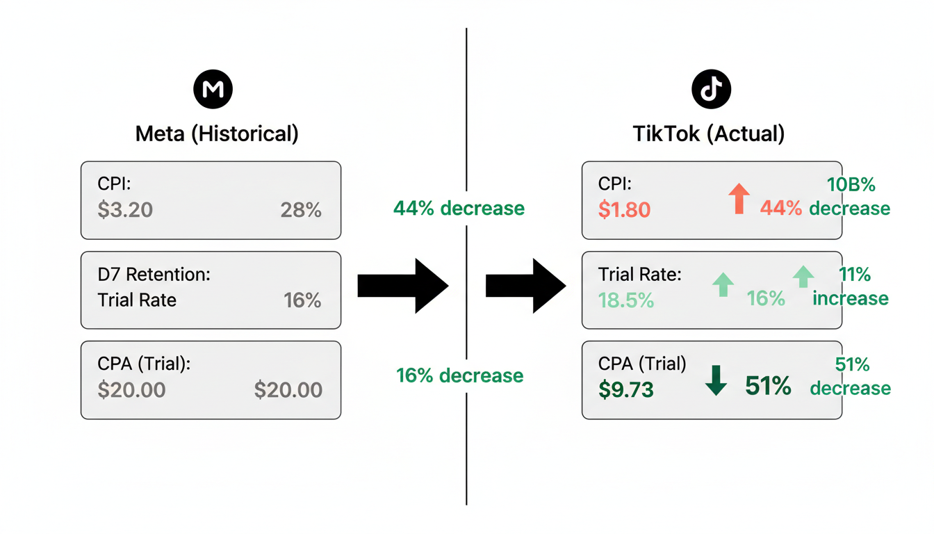 Platform performance comparison showing TikTok vs Meta metrics: CPI $1.80 vs $3.20, D7 retention 31% vs 28%, trial rate 18.5% vs 16%, CPA $9.73 vs $20.00