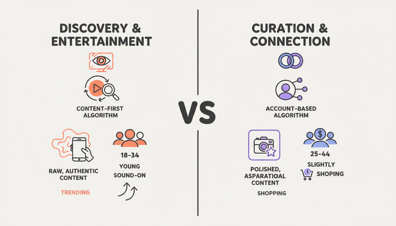 TikTok vs Instagram platform comparison infographic showing key differences in discovery vs curation, content styles, algorithms, and demographics