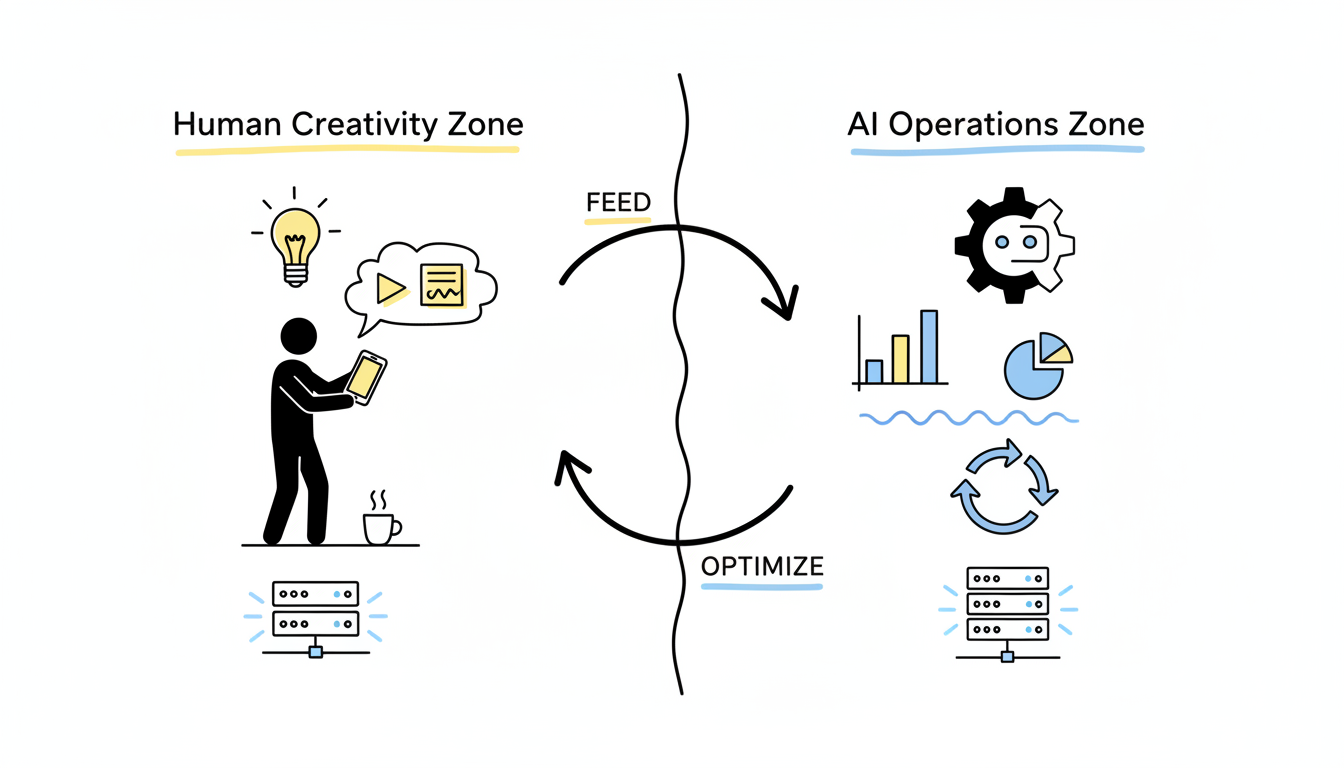 Human and AI collaboration workflow showing human creativity combined with AI backend operations