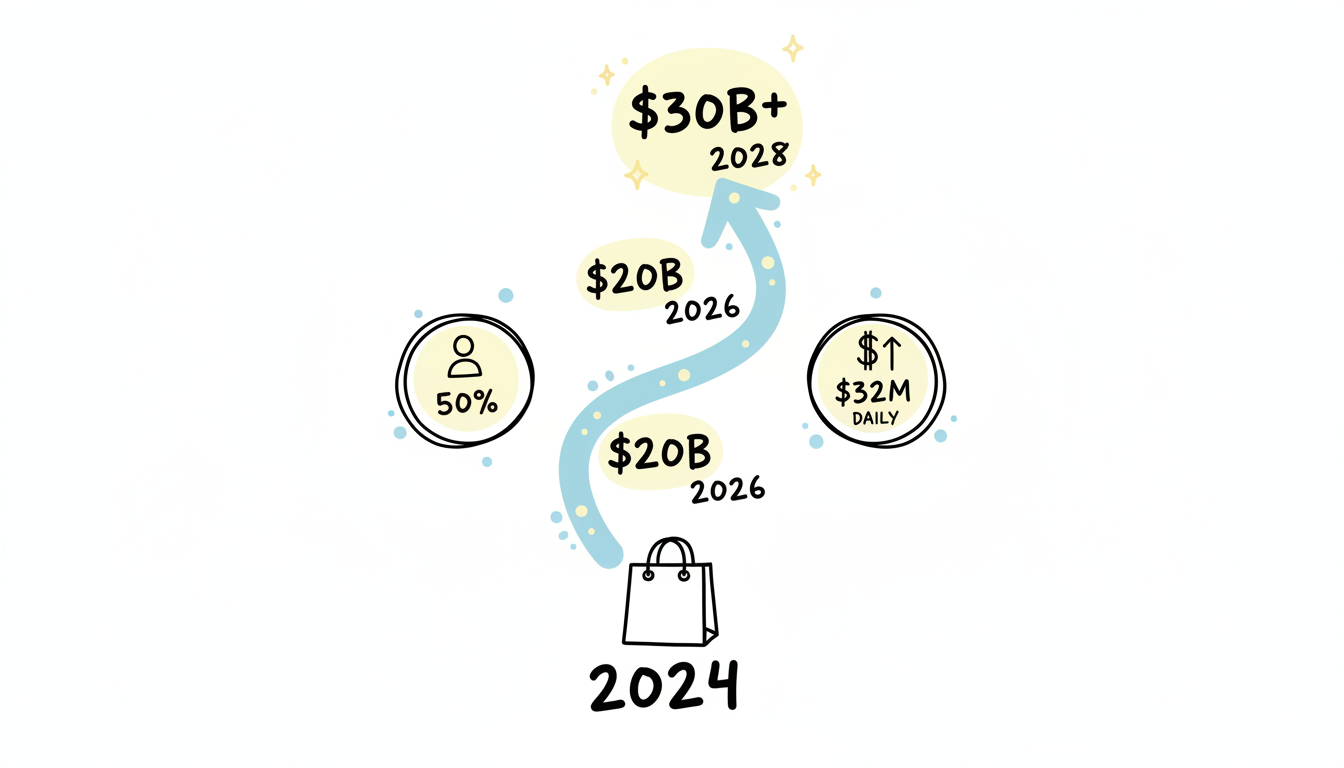 TikTok Shop Growth Trajectory showing $20B sales forecast for 2026 and projected $30B+ by 2028