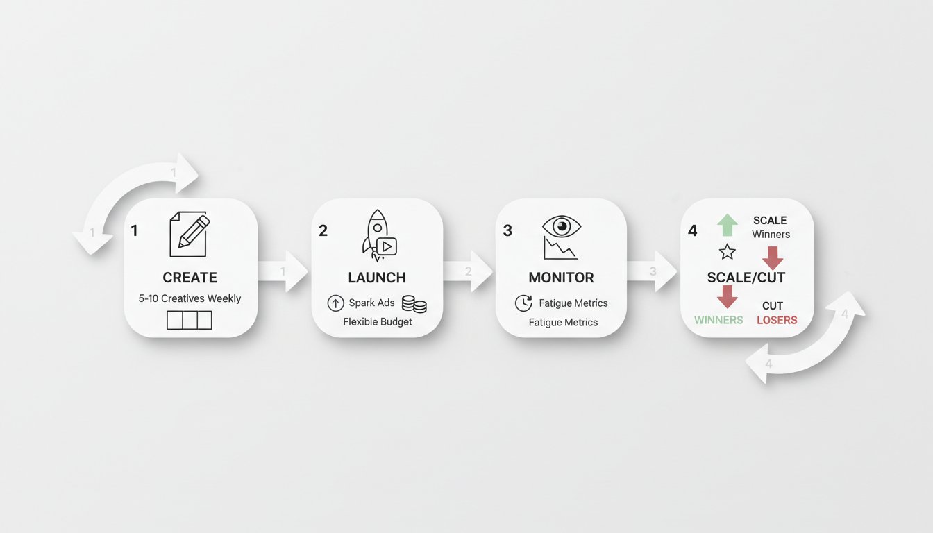 TikTok advertising testing framework showing the iterative cycle of create, launch, monitor, and scale/cut