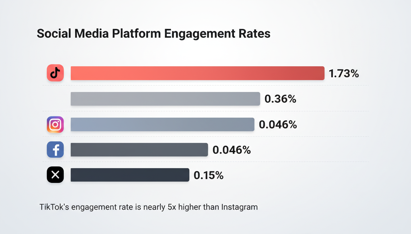 TikTok engagement rates compared to other social media platforms showing 1.73% median engagement rate, significantly higher than Instagram (0.36%), Facebook (0.046%), and X/Twitter (0.015%)