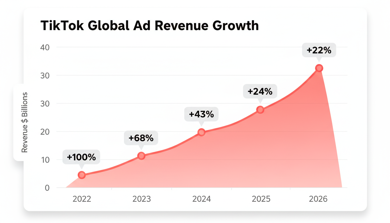 TikTok global advertising revenue growth trajectory from 2022 to 2026, showing revenue increasing from $9.6B to projected $34.8B with declining but consistent year-over-year growth rates