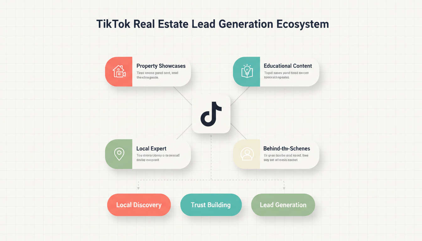 TikTok Real Estate Ecosystem - Framework showing content pillars and lead generation flow