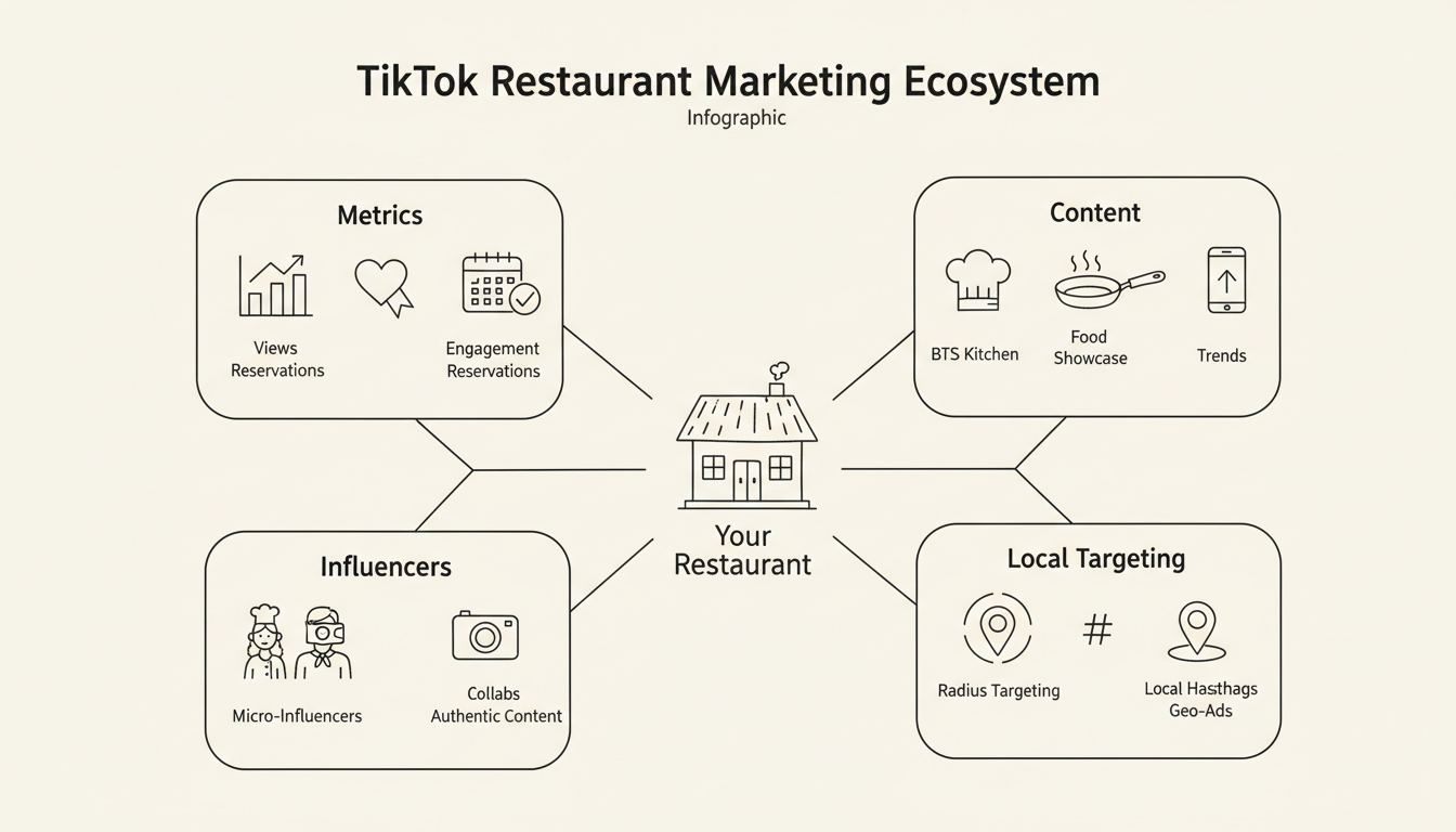 TikTok Restaurant Marketing Ecosystem showing content types, local targeting, influencer partnerships, and success metrics