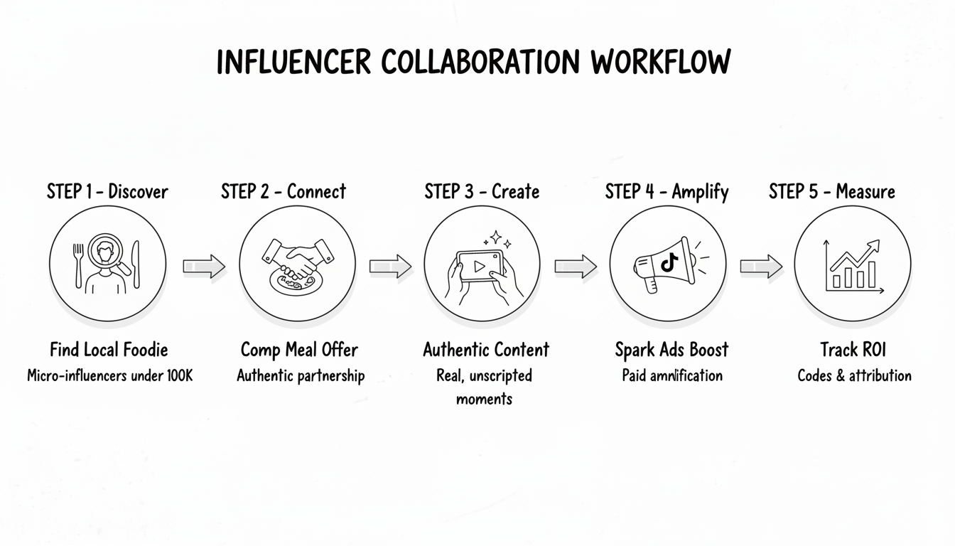 Influencer Collaboration Workflow showing the 5-step process from finding foodies to tracking ROI