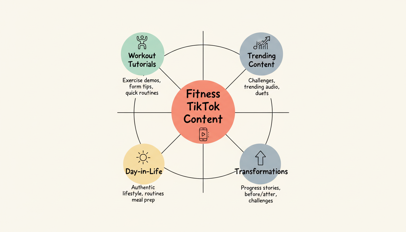 Four content pillars for fitness TikTok: Workout Tutorials, Day-in-Life, Transformations, and Trending Content