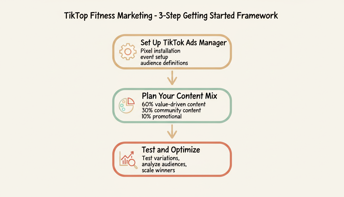 Three-step framework for launching TikTok fitness marketing: Set Up Ads Manager, Plan Content Mix (60/30/10), Test and Optimize
