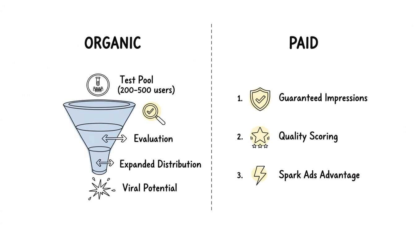 Organic vs Paid TikTok Distribution - A comparison showing organic content's 4-step funnel distribution pattern versus paid ads' guaranteed impressions and quality scoring system