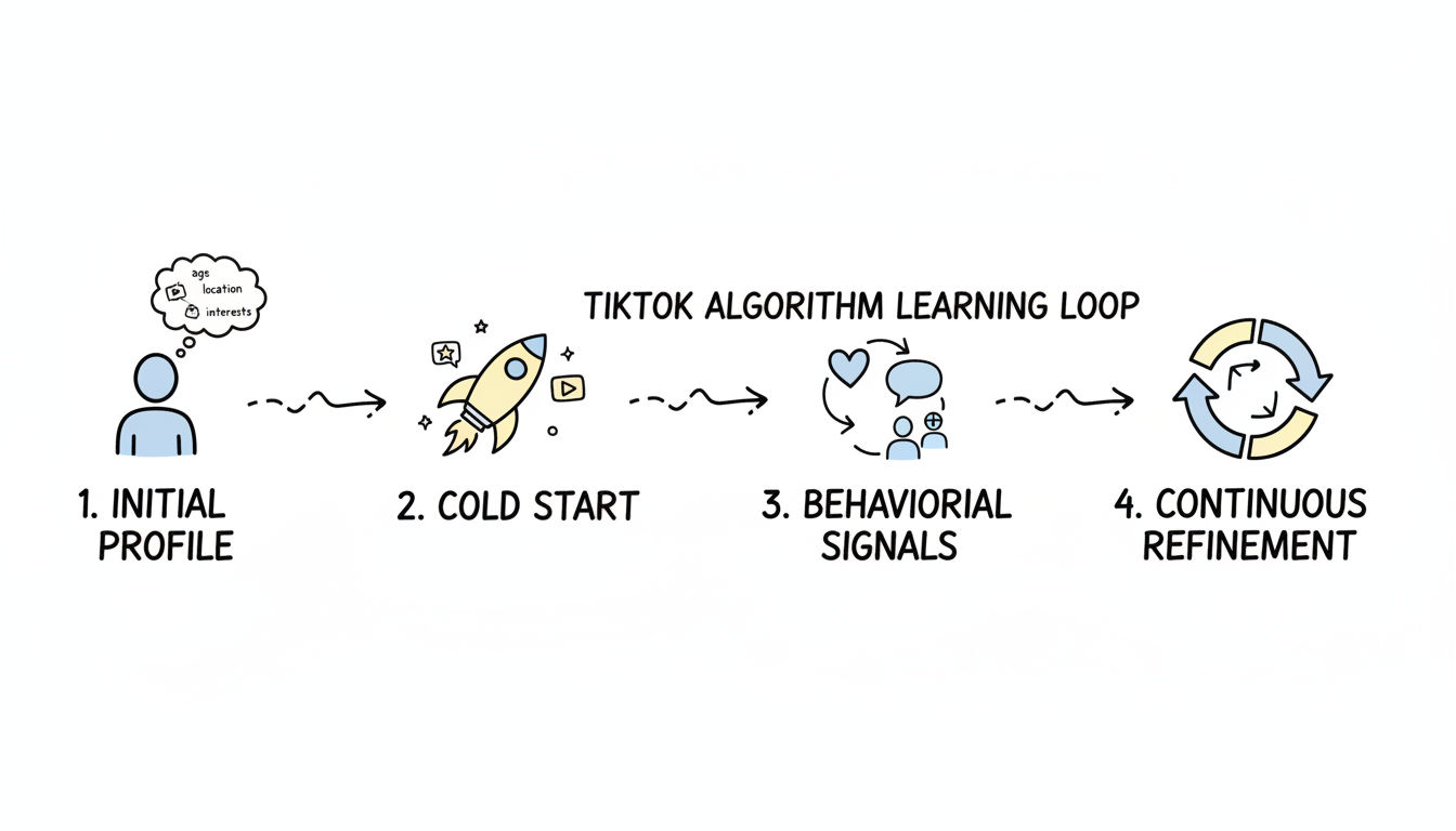 TikTok Algorithm Learning Loop - A circular flowchart showing the four-step feedback loop: Initial Profile, Cold Start, Behavioral Signals, and Continuous Refinement