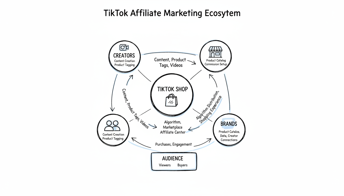 TikTok Affiliate Marketing Ecosystem framework diagram showing the relationship between creators, TikTok Shop platform, brands, and audience