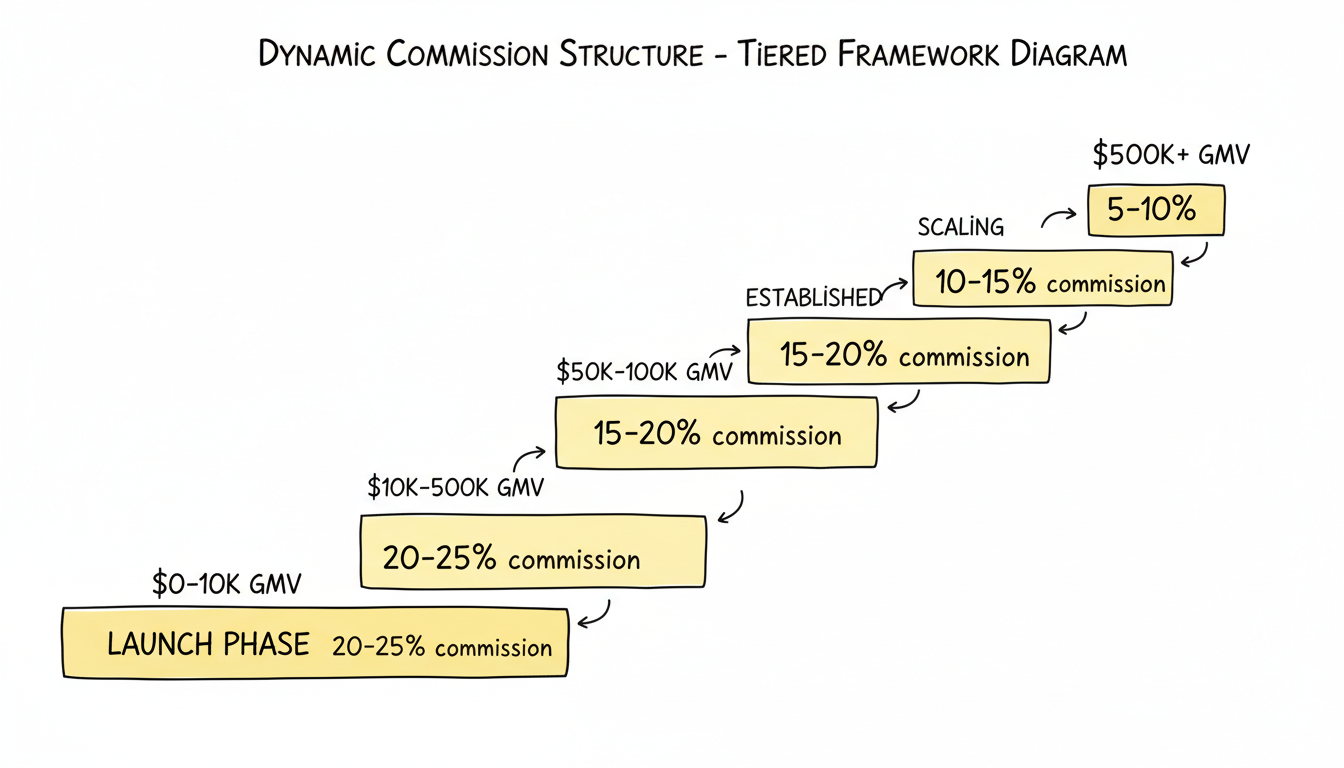 Dynamic commission structure showing tiered rates based on monthly GMV levels from launch phase to mature stage