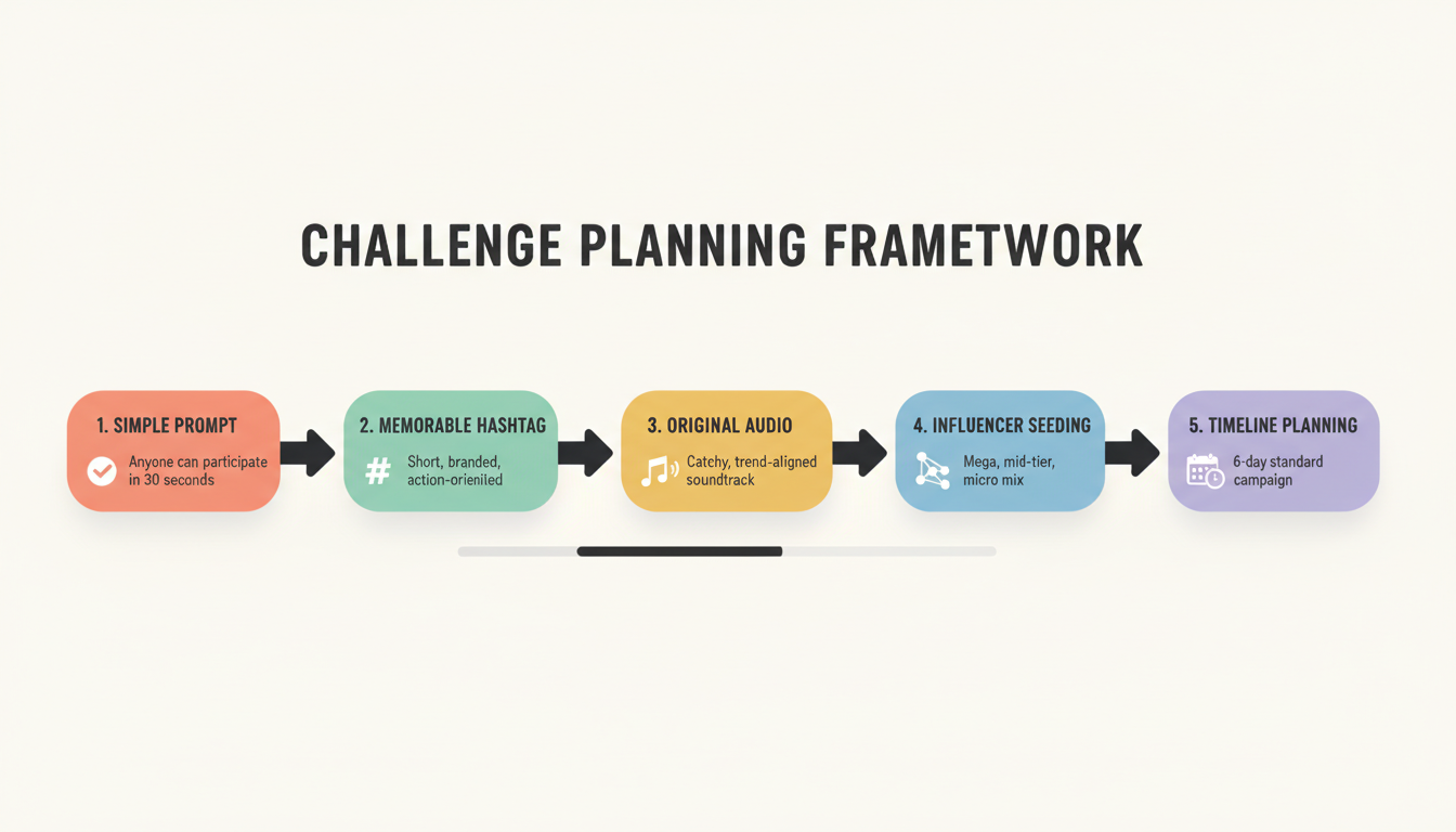TikTok Challenge Planning Framework - A 5-step process showing how to create a simple prompt, develop a memorable hashtag, commission original audio, plan influencer seeding, and establish a timeline