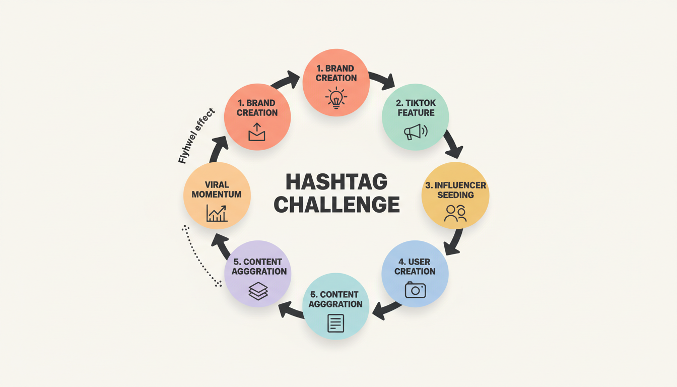 TikTok Branded Hashtag Challenge Lifecycle - A circular framework showing the 6-step process from brand creation through viral momentum