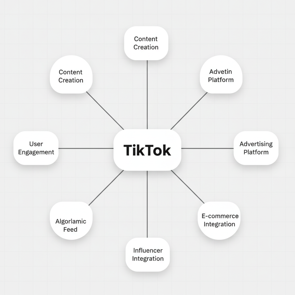 TikTok Business Center hub connecting Ads Manager, Creator Marketplace, Business Account, and TikTok Shop