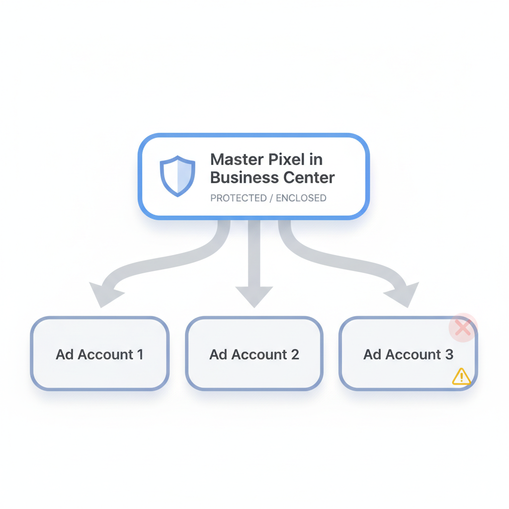 Asset protection architecture showing Master Pixel in Business Center connecting to multiple ad accounts